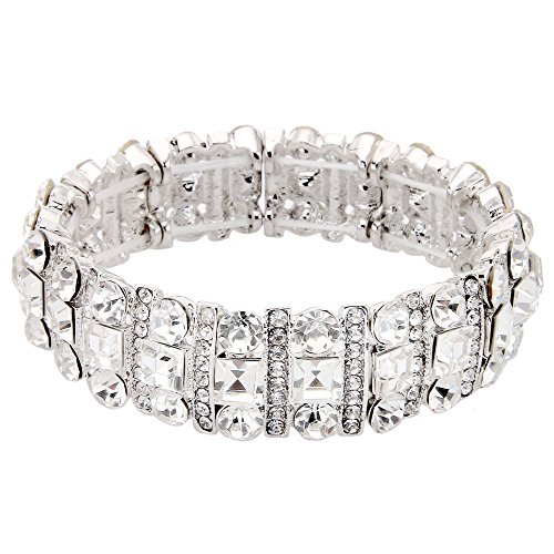 EVER FAITH Silver-Tone Austrian Crystal Art Deco Three Layers Bride Elastic Stretch Bracelet Clear