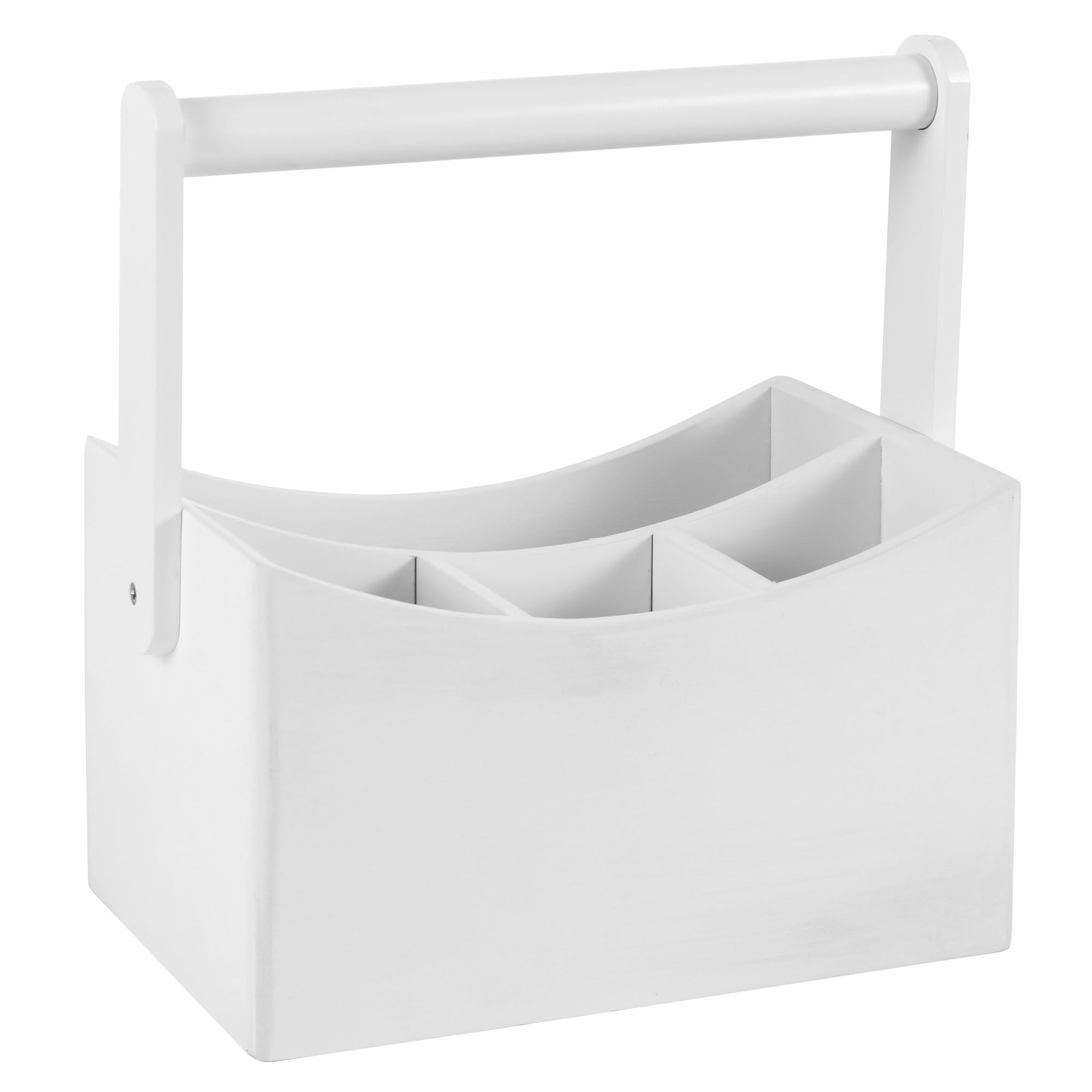 Vencier Bamboo Kitchen Utensil Holder with 4 Compartments, Drop-Down Handle Cutlery Caddy Organizer with Dividers, Countertop Storage Rack for Spoons, Forks, Knives & Gadgets (White)