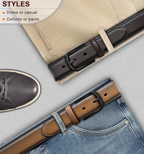 Image of BULLIANT Men Belt 2Pack-Leather Belt 7Holes Comfortable For Men's Dress Casual Jeans 1 3 /8 inch