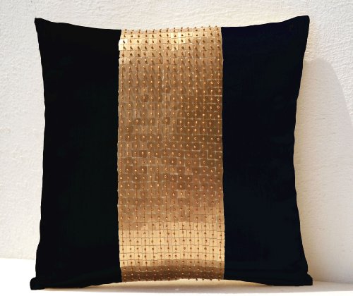 Amore Beaute Handmade Throw Pillow Covers - Black Gold Color Block in Sequin Bead Detail Cushion Covers - Sequin Bead Pillow Covers Customizable Sequin Pillow Black Sham - Gold Pillow Covers