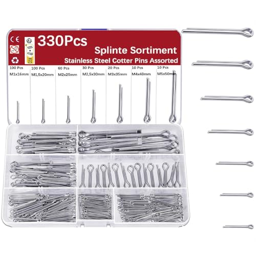 330 Pièces Lot de Goupilles Fendues en Acier Inoxydable 304, 7 Tailles (M1, M1.5, M2, M2.5, M3, M4, M5) - Goupilles de Verrouillage, Goupilles Agricoles et Mécaniques pour Remorque, Bricolage