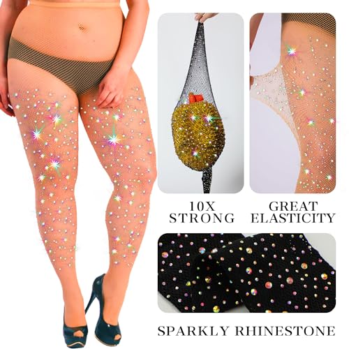 Image of HONENNA Queen Plus Size 10X Strong Rhinestone Fishnet Stockings, Ultra Sparkly High Waist Tights for Women, Party Concert