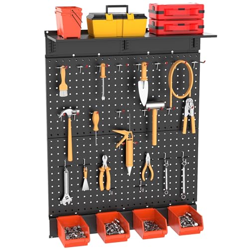 TORACK Garage Metal Pegboard with Accessories, Tools Organizer Peg Board with Pegboard Hooks, Wall Mounted Bins, Tool Storage Pegboards for Wall(Black)