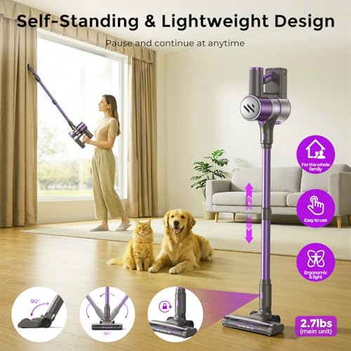 Image of WLOTPO Vacuum Cleaners for Home,Cordless Vacuum Cleaner,Lightweight Stick Vacuum Cordless Rechargeable,Self-Standing Design,LED Touch Screen,Vacuum for Hardwood Floors,Carpet,Pet Hair(Purple)