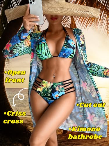 Women's 3 Piece Tropical Bikini Set with Mesh Coverup, Sexy Crisscross Cutout Swimsuits for Pool Party4