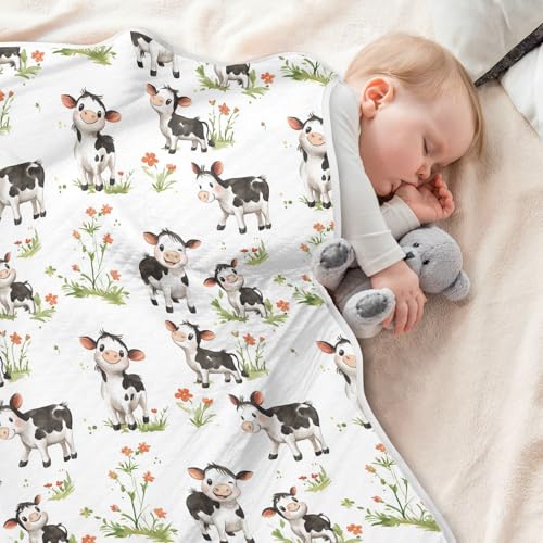 Image of Nursery Bed Blankets for Baby Boy or Girl Soft Warm Stroller Throw Blanket for Infant Toddler Kid Crib Bedding 30X40in Cartoon Cute Cow White