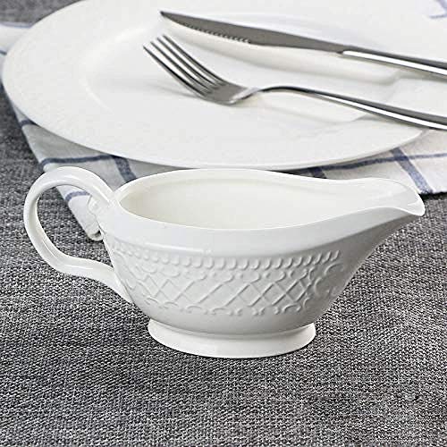 Arabesque Embossed Gravy Boat, Fine White Porcelain Steak Sauce Pot, Easy-To-Pour Creamer Pitcher. 5 Oz #TOP3