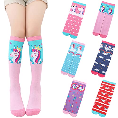 LEMONBABY Kids Girls Unicorn Knee High Socks 6 Pairs Boot Long Fun Crazy Tall Funny Animal Colorful Child Socks