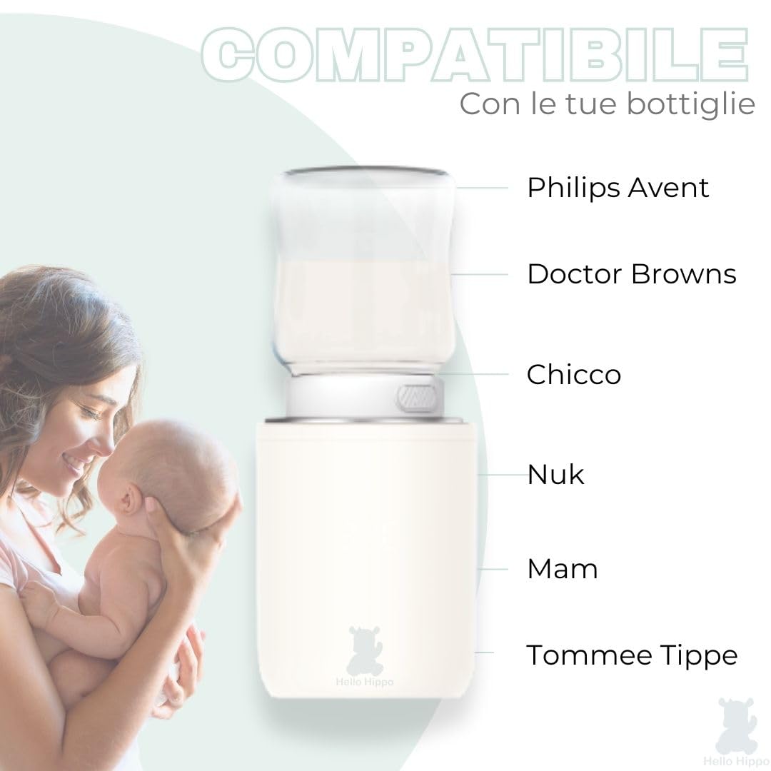 Hello Hippo - Scaldabiberon Portatile e Compatto | USB-C Ricaricabile, Antigoccia, Compatibile con Philips Avent, MAM, NUK | 4 Temperature Regolabili | Riscaldamento Rapido ed Efficiente