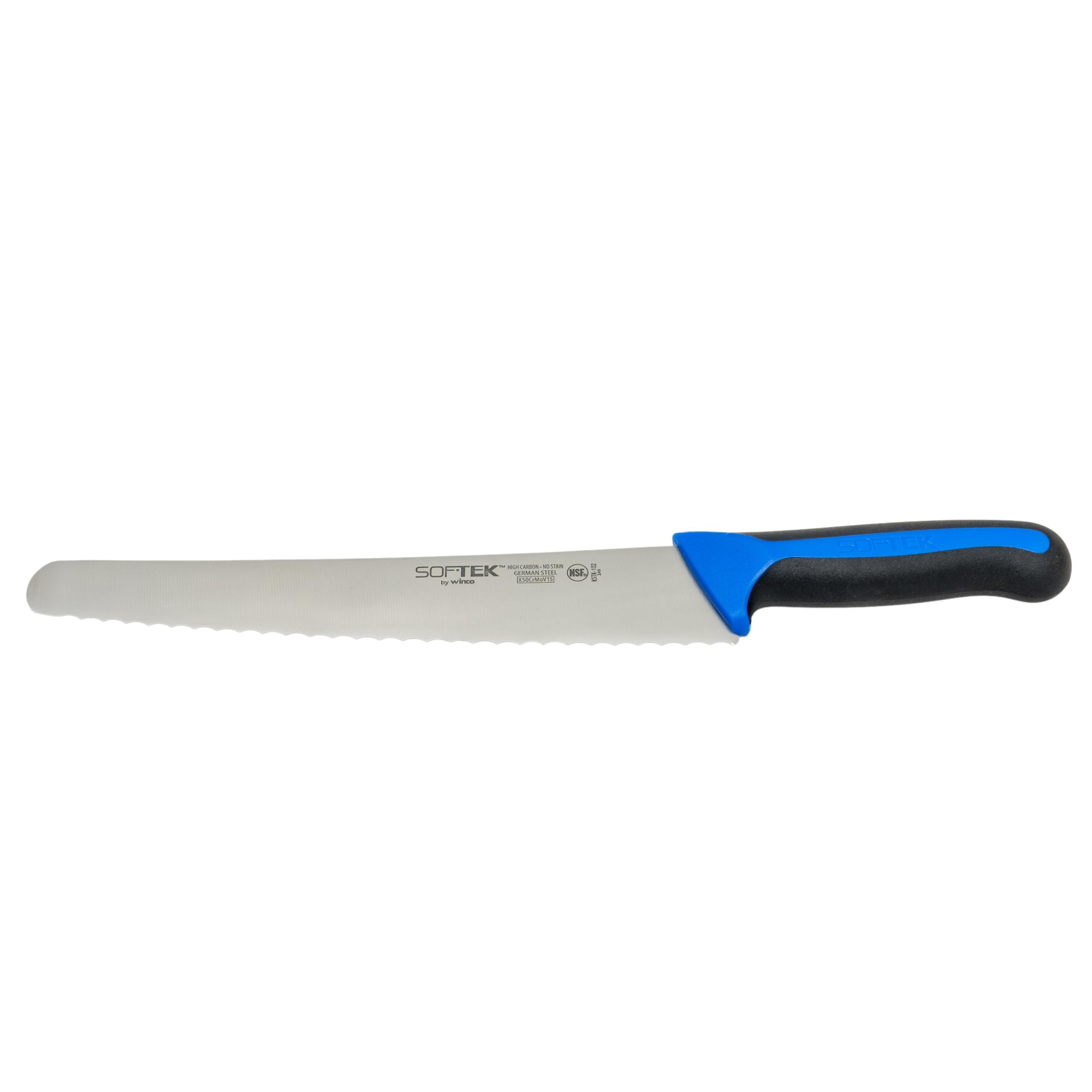 Winco Sof-Tek, 10" Wide Bread/Pastry Knife, Soft Grip Handle,Silver/Black/Blue