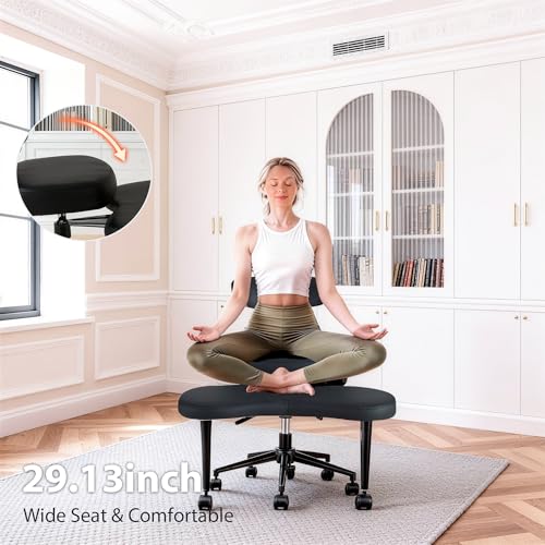 Image of DUMOS Ergonomic ADHD Cross Legged Office Desk Chair with Adjustable Backrest, Height Adjustbale Meditation Chair with 360 Swivel Footstool, PU Leather Yoga Stool for Home Office, Black