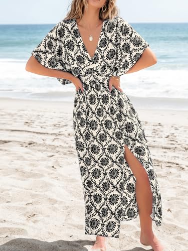 Image of CUPSHE Women's Summer Boho Maxi Dress Paisley Floral V Neck Smocked Dress Beach Vacation Slit Hem Flowy Dress with Pockets