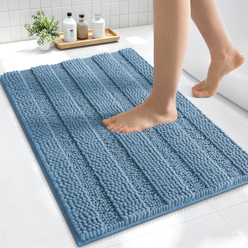 Image of Smiry Thick Small Chenille Bathroom Rugs 24x16, Soft Bath Mat, Airy Blue