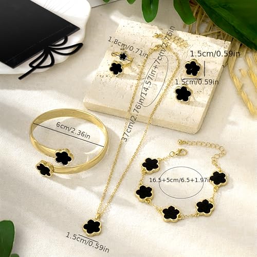Lucky Flower Alloy Jewelry, Lucky Flower Design Necklace Earrings Bracelet Bangle Ring Jewelry Set, Clover Gold Plated Chain Wrap Ornament & Plush Pouch for Women2