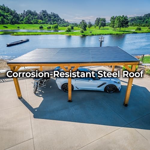 Backyard Discovery Kingsport 20' x 12' Cedar Wood Outdoor Carport Garage with Heavy-Duty Galvanized Steel Slope Roof, Snow Support, Wind Resistance, PowerPort, Shelter to Protect Cars, Boats, Trucks - image 7