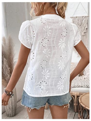 SweatyRocks Women's Embroidered Eyelet Tops Floral Summer Puff Sleeve Dressy Casual Blouses V Neck T Shirt2