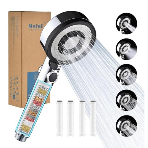 Nafall Hochdruck Duschkopf mit Filter, Shower Head with Filter mit 5 modi, Brausekopf Dusche, Filter Duschkopf, Wassersparend Duschbrause für Schwermetall,Harte Wasser,Rest-Chlor,Bakterien, Chrom