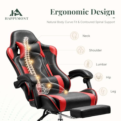 Image of Computer Gaming Chair with Footrest, Ergonomic High Back PU Leather Video Game Chair with Adjustable Headrest & Lumbar Support, Racing for Office and Home, Red
