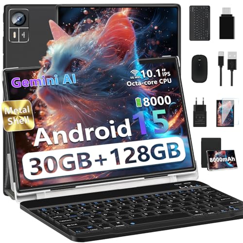 SUAAT Tablet de 10,1 pulgadas Android 15 【Gemini AI】【30GB RAM + 128GB ROM+2TB】Widevine L1, Octa Core, 8000mAh, Bluetooth 5.0, GPS, GMS, tabletas con ratón, teclado y funda, negro