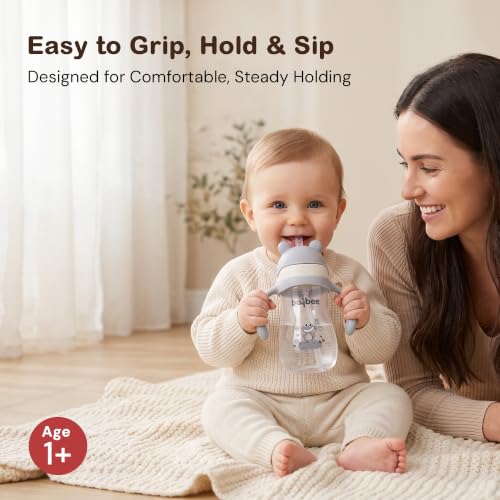 Image of BAYBEE Insulated Baby Sippy Cup for Kids 300 ml | Anti Spill Sipper Bottle with 360 Weighted Straw & Rotating Handle | V Type Straw Bottle BPA Free & Non Toxic for Toddler 6+Months (Grey)