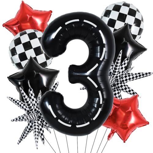 Image of TONIFUL Race Car Party Balloons Set - 40 Inch Racetrack Number 3 Foil Balloon with Checkered & Star Balloons for Boys 3rd Birthday Car Themed Decorations, Baby Shower Photo Backdrop Supplies
