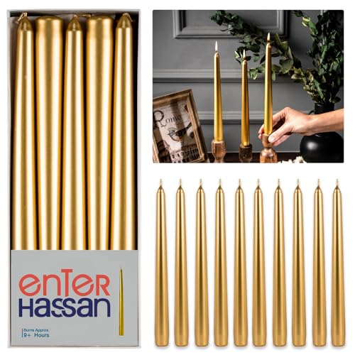 Gold Taper Candles Elegant for Christmas 10-Inch Unscented Dripless Smokeless Paraffin Wax with Cotton Wicks Perfect Home Decor Birthdays and Rituals Pack of 10