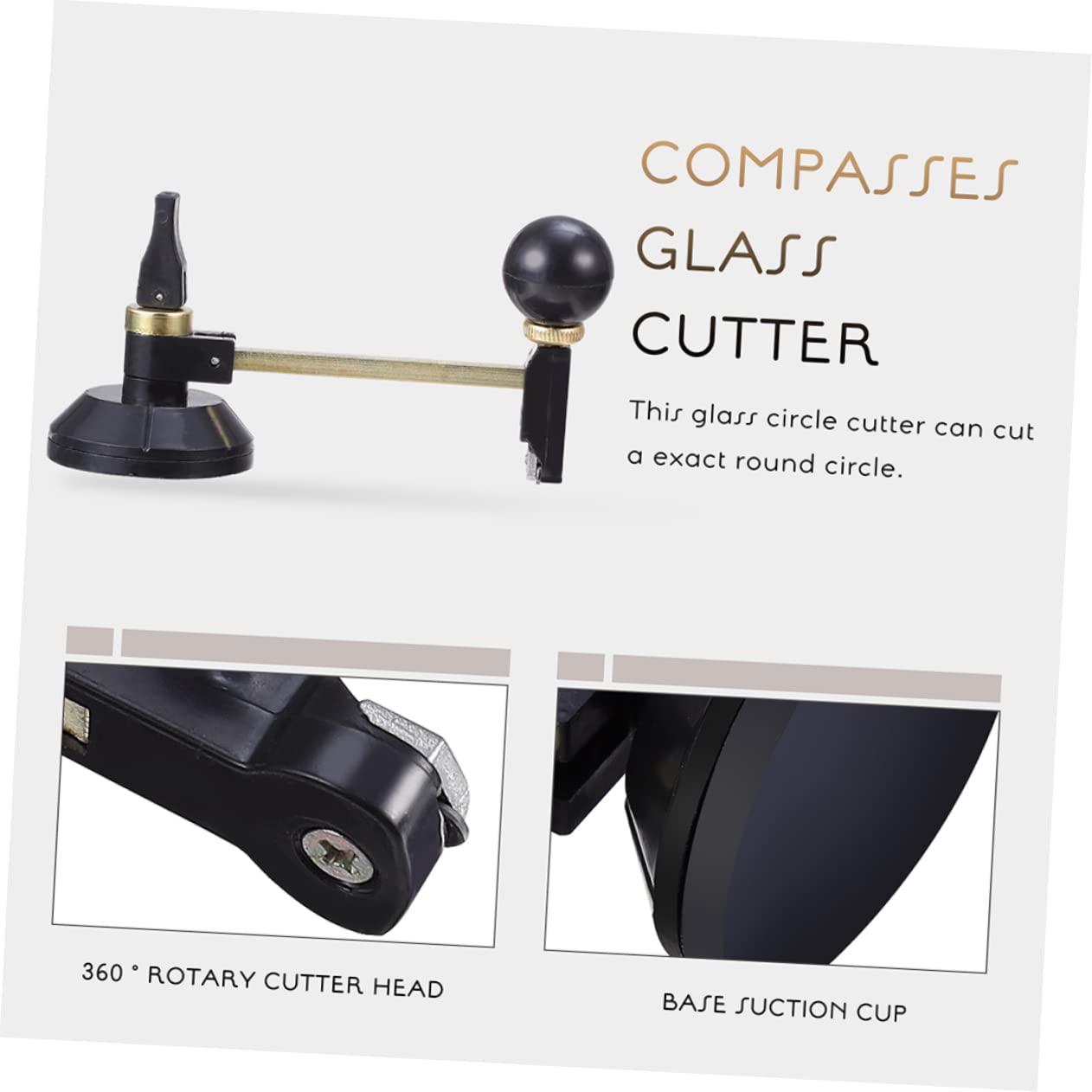 KONTONTY Compass Glass Knife Round Tile Cut Suction Tile Cutters Adjustable Tile Cutter Cup Cuts Tool Easy-Cut Lens Cutter Carbide Dia Tip Circle Cutter Compasses Black Metal Alloy