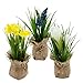 Spetebo Deko Kunstblume im Jutesäckchen 19 cm - 3er Set - Kunstpflanze klein mit Blumen und Büten im Topf - Tischdeko Kunst Frühlingsblume Zimmerpflanze Narzisse Hyazinthe Krokus künstlich