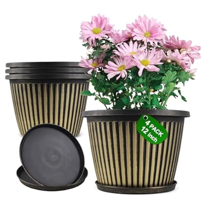 Myfeegoin 12 inch Planter Indoor Outdoor Plant Pots, 4 Pack Large Plastic Flower Pots with Saucer and Drainage Holes, Decorative Modern Garden Pots for Houseplants