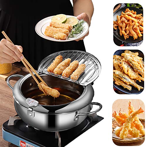 Image of Deep Fryer Pot, Japanese Tempura Small Deep Fryer Stainless Steel Frying Pot With Thermometer,Lid And Oil Drip Drainer Rack for French Fries Shrimp Chicken Wings and Shrimp (B0GYWMH79M)