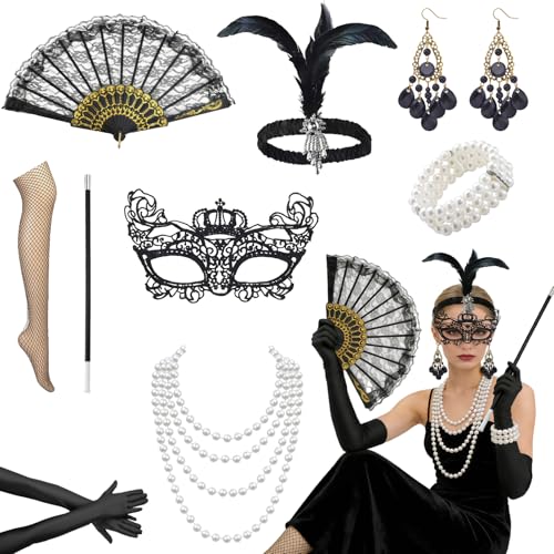 AYNKH 9 Pièces Accessoires Gatsby Costume Set, Accessoire Année 20 Femme, Charleston Année 20 avec Flapper Bandeau Gants Collier de Perles Boucles...