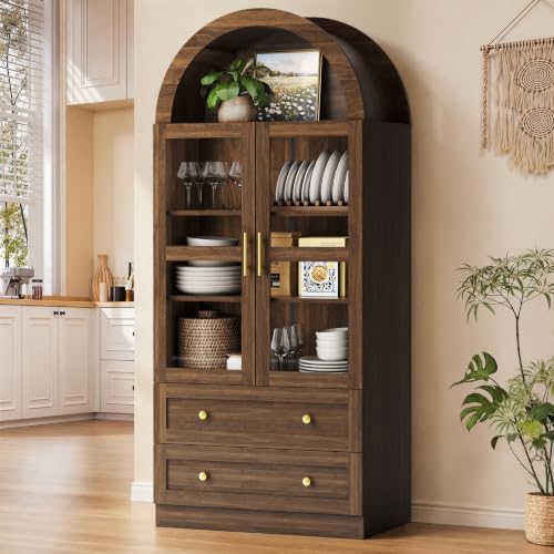 Image of Pamapic Arched Kitchen Pantry Cabinet, 71 inch Tall Arched Cabinet with Glass Doors, Farmhouse Kitchen Storage Cabinet with 2 Large Drawers, Wooden Pantry for Dining Room, Living Room (Brown)