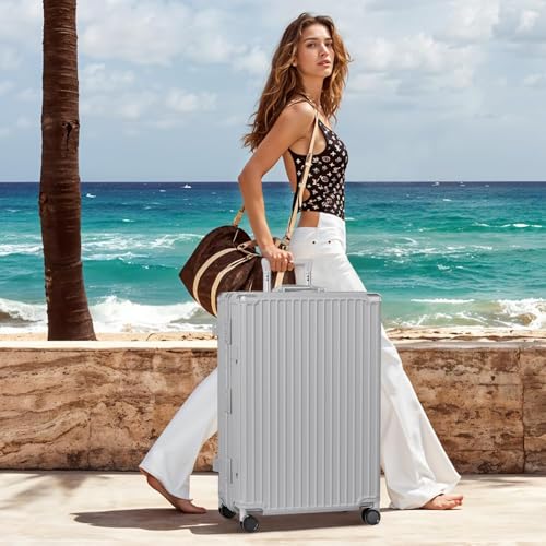 Image of AnyZip Luggage PC+ABS Aluminum Frame Zipperless Checked Luggage Hard Shell Suitcase with TSA Lock Double Spinner Wheels 28 Inch Silver