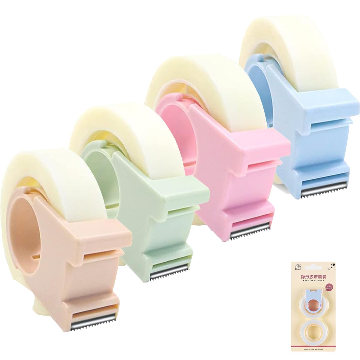4 Pack Invisible Tape with Mini Dispenser Set, Mini Tape Cutter with 2 Roll Magic Tape, Writable Tape, Repairable Tape, Portable Repairing for Office