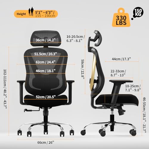 Image of HOLLUDLE Ergonomic Mesh Office Chair - 3D Adjustable Lumbar Support & 3D Armrests, V-Shaped Back, Adjustable Desk Chair for Office & Home, Black and Gold