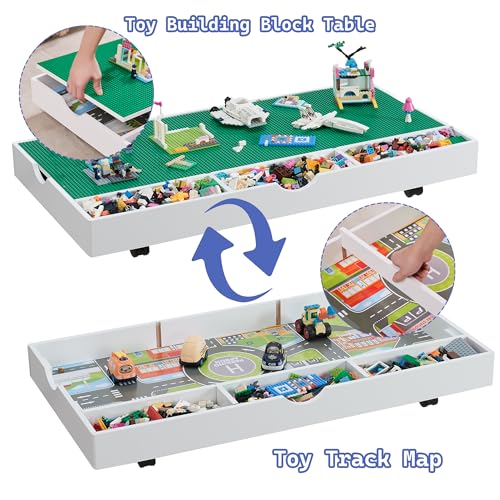 3 in 1 construction play table compatible with lego game table with block board and train car rolling game table with locking wheels and storage space suitable for storing under bed or sofa white