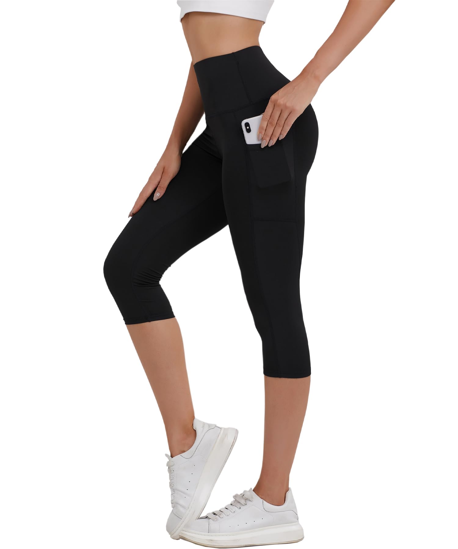 Merlvida Capri Legginsy damskie z wysokim stanem, sportowe legginsy z kieszeniami, nieprzejrzyste, krótkie, sportowe, elastyczne, czarne, spodnie 7/8, na lato, do jogi, siłowni, fitnessu