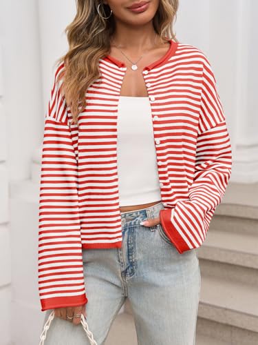 Image of Saodimallsu Womens Striped Cardigan Casual Long Sleeve Open Front Button Down Loose Knit Lightweight Fall Sweaters