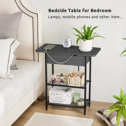 Apicizon End Table With Charging Station, Narrow Side Table With Storage Shelf For Small Spaces Bedside Nightstand With Type C & Usb Ports For Living Room, Bedroom, Slim End Table Black #TOP5