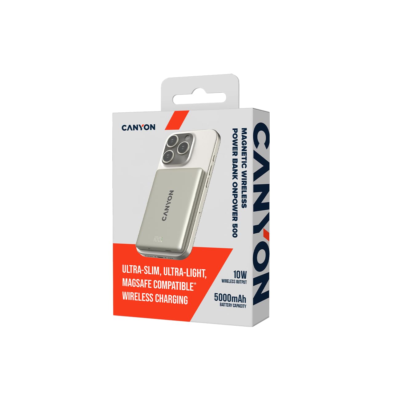 CANYON OnPower 500 Batterie externe magnétique 5000 mAh, PD 20 W USB-C, charge sans fil 10 W, compatible MagSafe, aluminium ultra fin, gris étoile