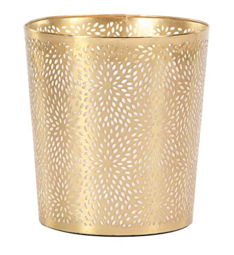 Cosmoliving By Cosmopolitan Metal Cylinder Small Waste Bin With Laser Carved Floral Design, 9" X 9" X 10", Gold #TOP1