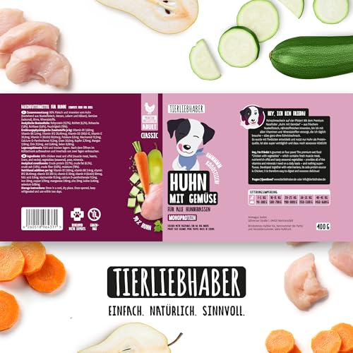TIERLIEBHABER – Hundefutter Nass 400g Huhn mit Gemüse – Von Tierärzten entwickelt – Nassfutter Hund mit 90% Fleischanteil – Dog Food als Hundenassfutter 400g Dosen
