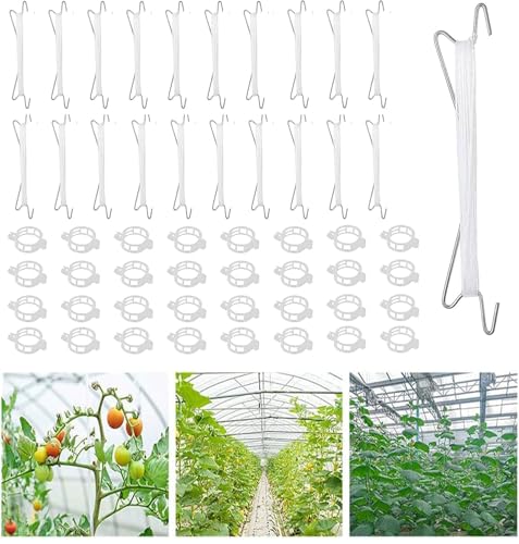 MAIREULB Tomatenhaken mit Kordel 10 Stück Tomatenhaken Metall mit 50 Pflanzenschnallen und 10m Seil Garten Tomatenhaken zum Aufhängen von Tomaten und Gurken