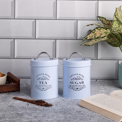 Image of Metallure Home Round Classic Tea Sugar Container Set of 2 | Metal Container for Kitchen Storage | Airtight Jar Set | Food-Safe Tea & Sugar Jars for Kitchen (White)