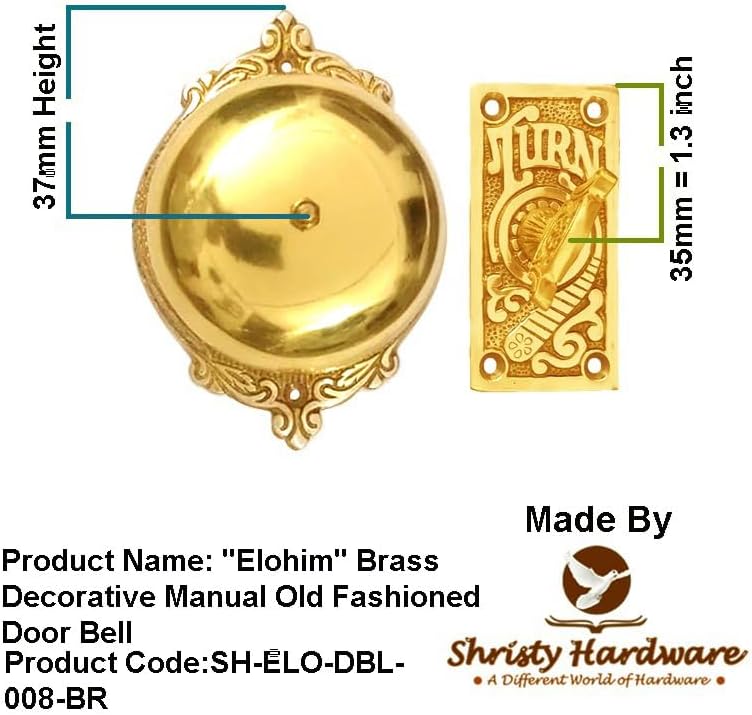 "Elohim" Brass Manual Old Fashioned Door Bell – Vintage Twist Bell – Mechanical Turn Door Bell for Home – (Pack of 1 Polished Lacquered Finish)
