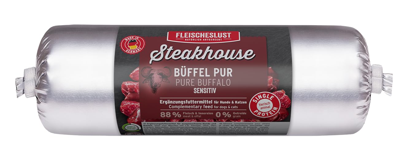 Steakhouse Büffel pur (12x500g), Nassfutter für Hunde & Katzen, sensitives Ergänzungsfutter, Monoprotein, getreidefrei, 12x Wurst von Fleischeslust