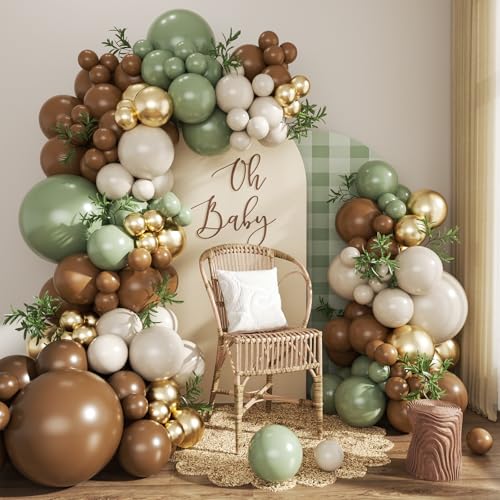 Sage Green Brown Balloon Arch Kit 124Pcs Brown Green Sand White Gold Balloons for Safari Woodland Dinosaur Jungle Theme Baby Shower Wedding Birthday Party Decorations