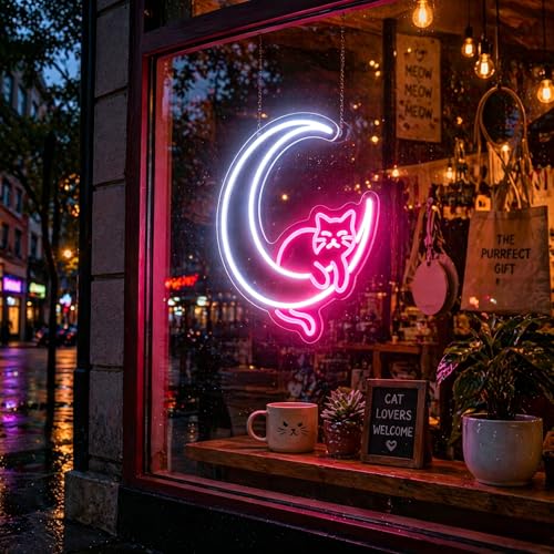 Image of Pink&White Neon Sign Led Neon Lights Signs for Wall Decor USB Powered Led Signs for Room Decoration-Moon Cat