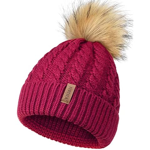 FURTALK Womens Cable Knit Bobble Hat Winter Thermal Thick Cotton Lined Beanie Hats with Detachable Pom Pom Cover