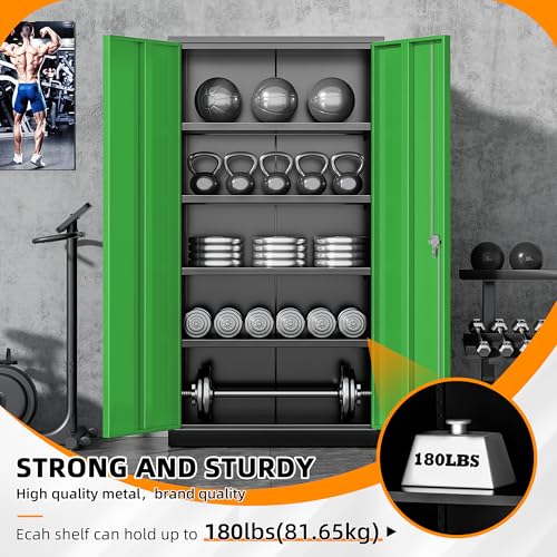 Image of INTERGREAT Metal Storage Cabinet with Doors, 72 inch Locking Steel Storage Cabinet with Shelves, Tall Metal Cabinet Lockable Steel Cabinets for Home Office, Garage,(Black+Green)